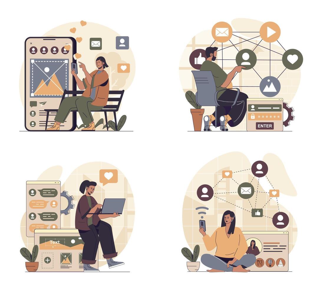 Social network concept scenes set in flat web design. People in situations of online connect with internet friends, taking selfies, posting online, collect likes, sharing links. illustrations. vector