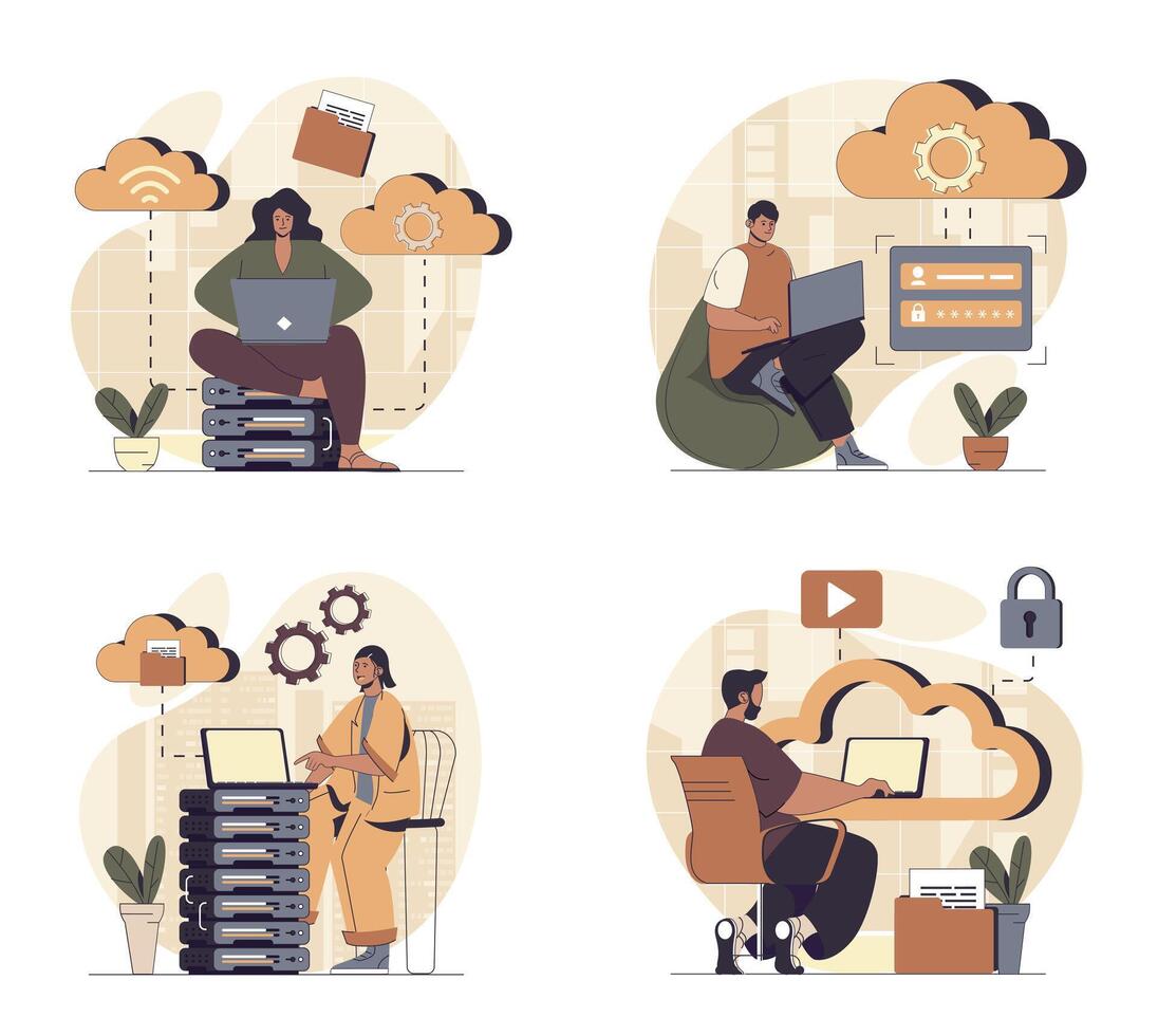 nube informática concepto escenas conjunto en plano web diseño. personas en situaciones de utilizando nube tecnología, haciendo datos respaldo, trabajando con base de datos sistema y en línea servidor almacenamiento. ilustraciones. vector