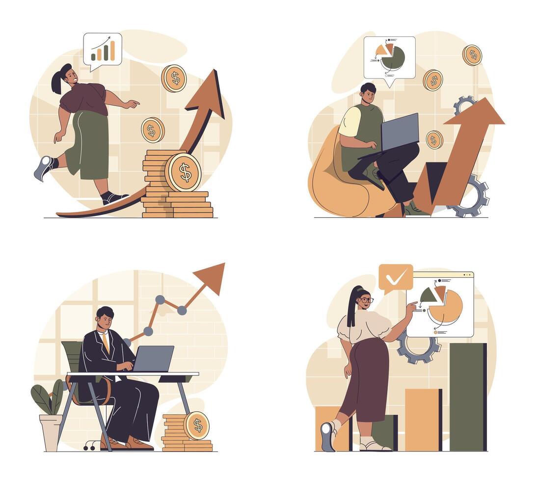 Business growth concept scenes set in flat web design. People in situations of developing project and getting arrow up graph, making data analysis with financial rise statistic. illustrations. vector