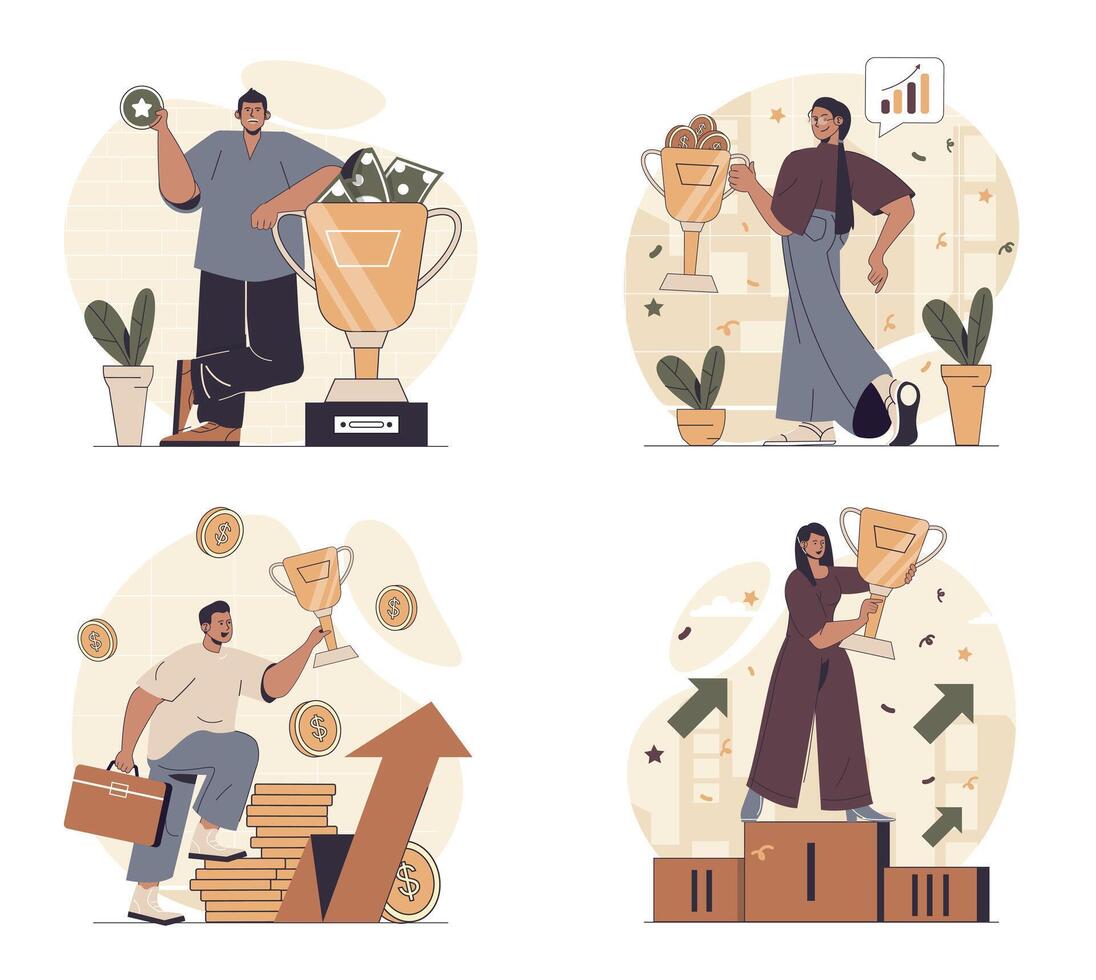 Business award concept scenes set in flat web design. People in situations of achieving career goals, celebrating victory with golden trophy cup with triumph, increasing money. illustrations. vector
