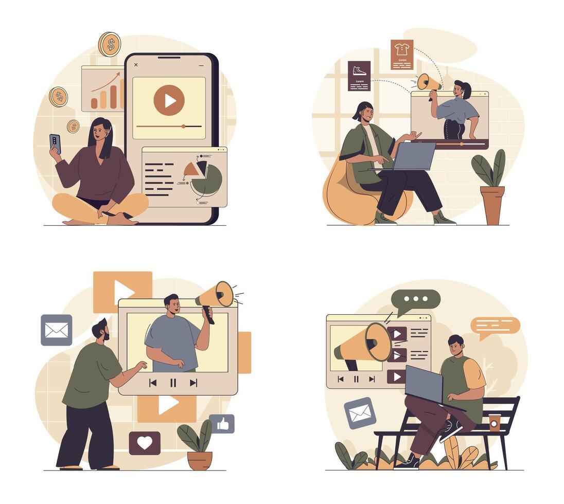marketing concept scenes set in flat web design. People in situations of creating viral content, making online advertising and data analysis, attracting new followers. illustrations. vector