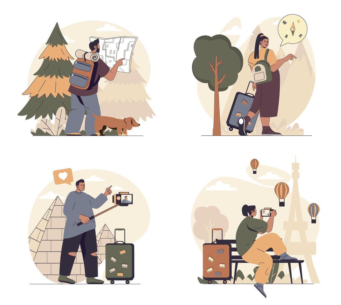 Travelling concept scenes set in flat web design. People in situations of hiking in forest and mountains, go in vacation in France or Egypt, rest, sightseeing and taking photos. illustrations. vector
