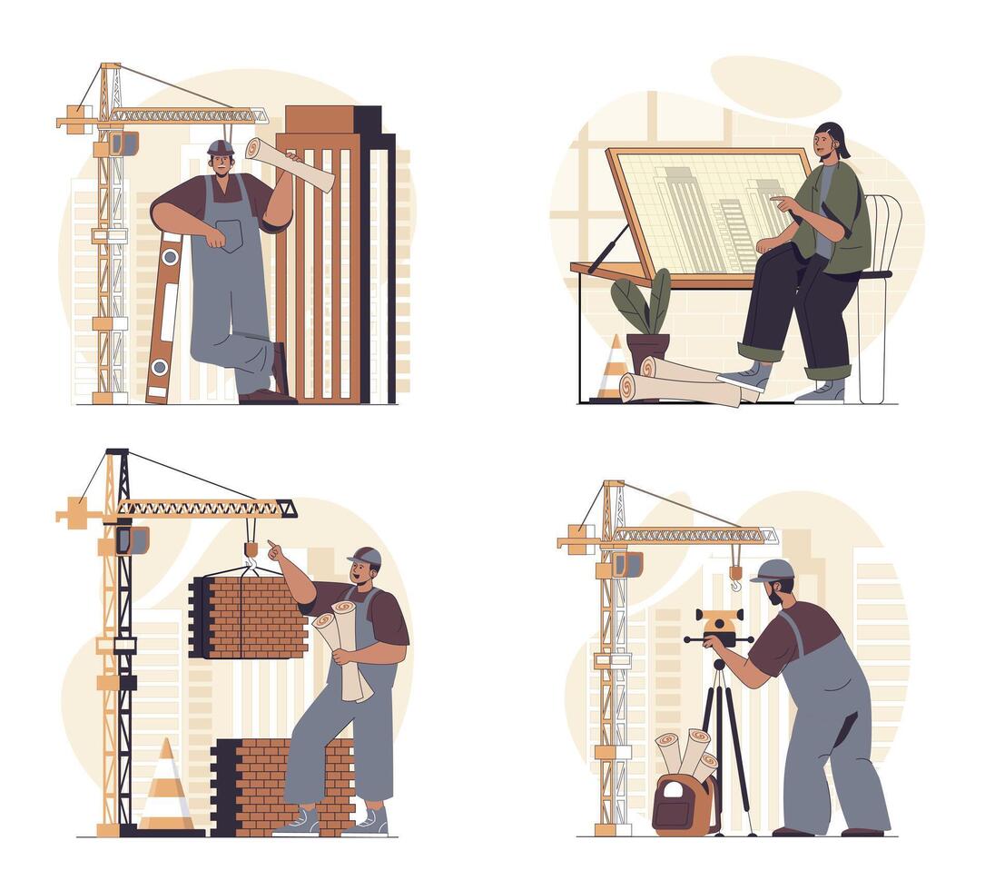 Construction engineer concept scenes set in flat web design. People in situations of making house construct and brickwork, creating architect blueprint, working at building site. illustrations. vector