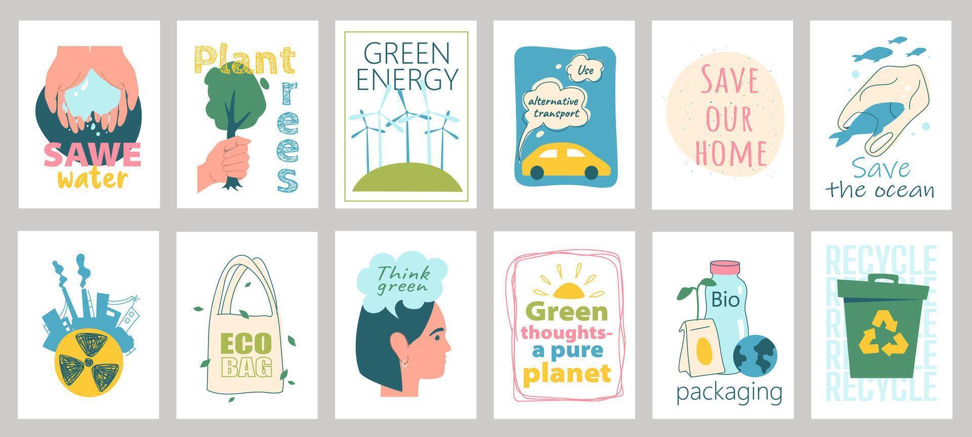 Ecology cover typography template for posters, prints. Minimalistic banners set with save water, plant trees, alternative transport, industry, eco bag, think green, bio, other. illustration. vector