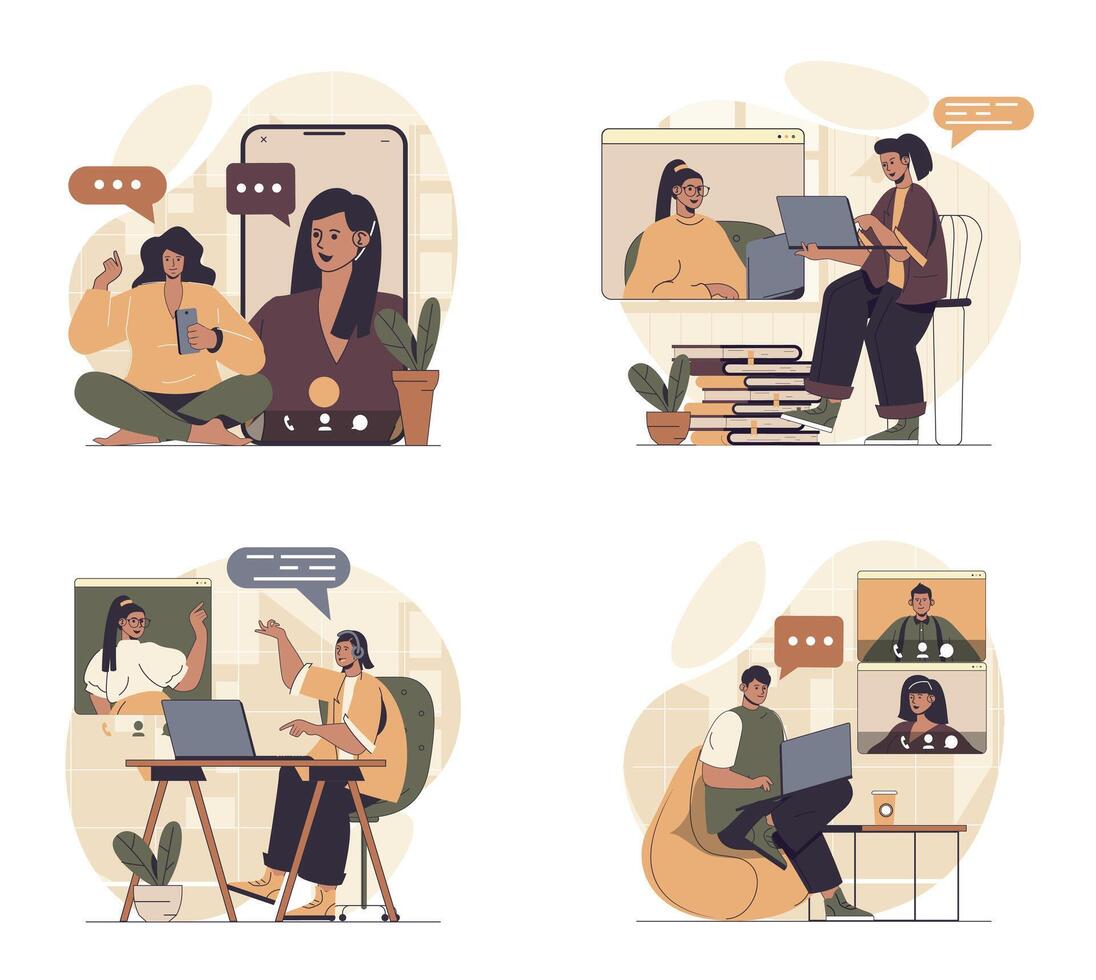 chatting concept scenes set in flat web design. People in situations of connecting online and calling in zoom y mobile app or laptop, talking with friends colleagues. illustrations. vector