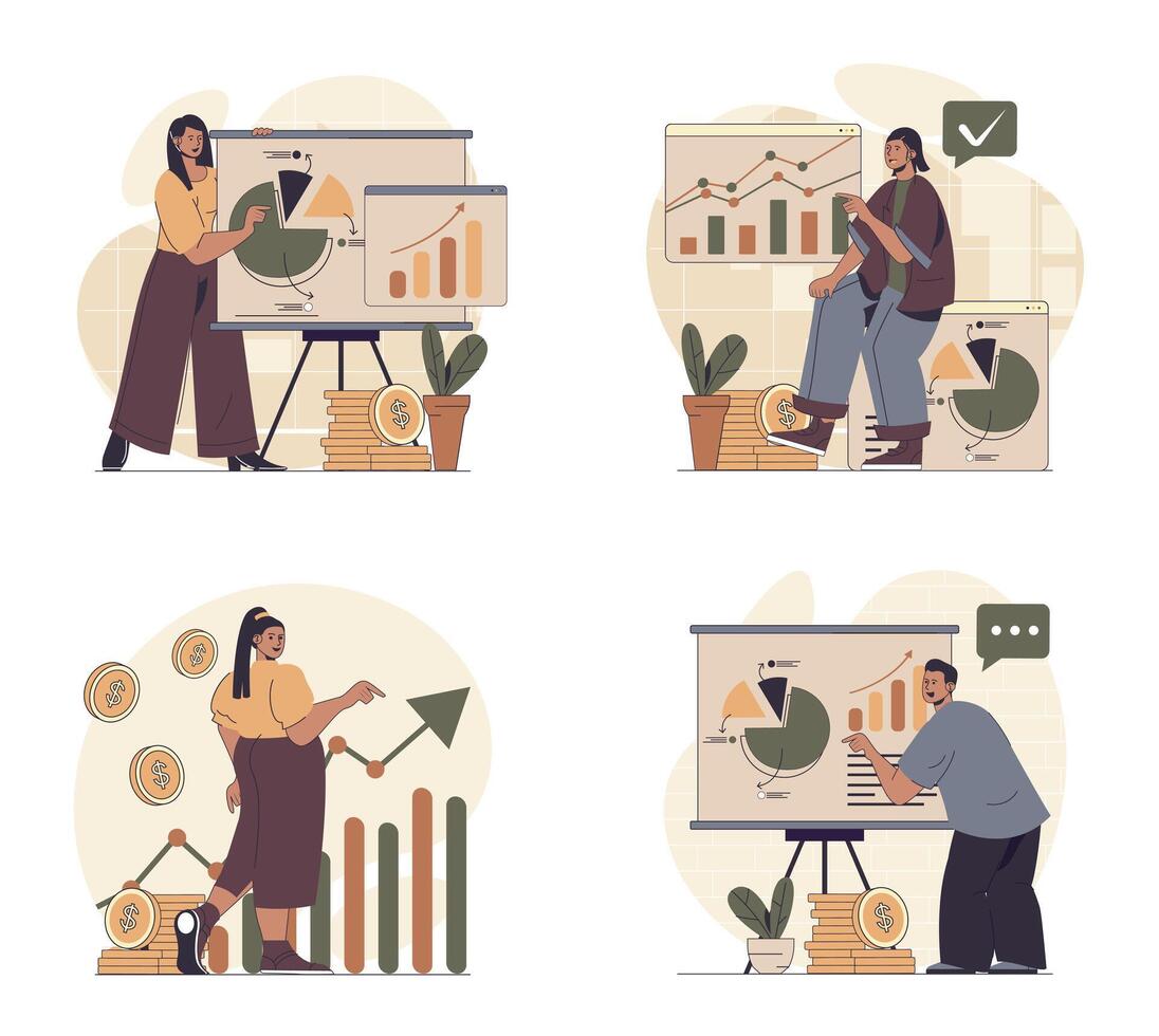 Sales performance concept scenes set in flat web design. People in situations of making finance analysis, getting financial progress at graphs and profit rise at arrow at charts. illustrations. vector