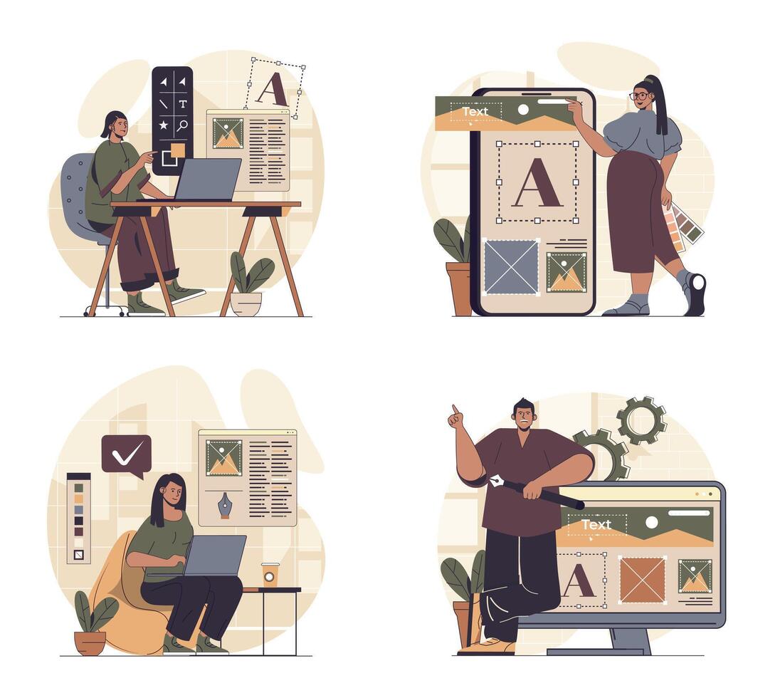 Web design concept scenes set in flat design. People in situations of building wireframe layout, filling with different content, creating graphic elements for sites interface. illustrations. vector