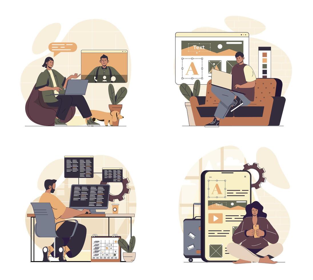Freelance working concept scenes set in flat web design. People in situations of working remotely from home offices, doing online tasks and programing, connect at meeting. illustrations. vector