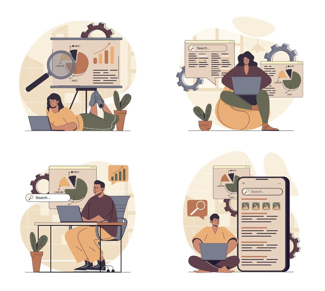Seo analysis concept scenes set in flat web design. People in situations of making data site analysis, researching webpage graph on screen, increasing traffic with keywords. illustrations. vector