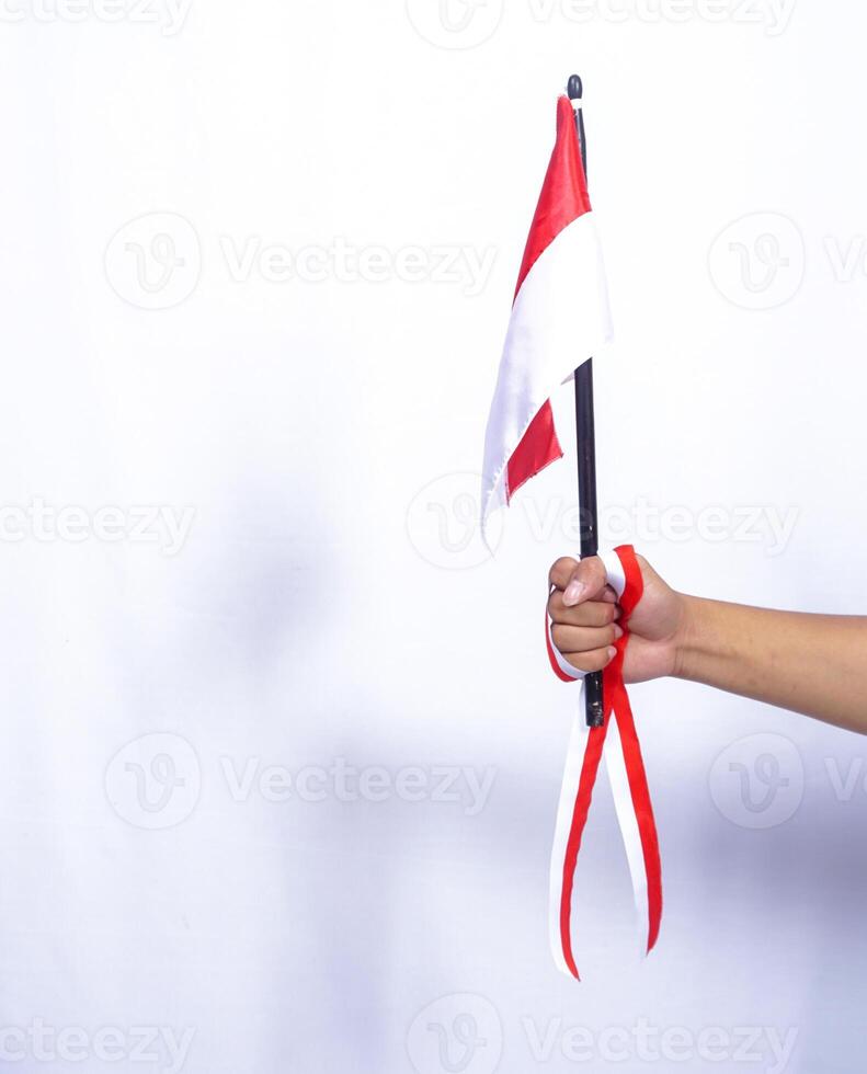 Hand Holding Stick with Red and White Flag of Indonesia on White Background photo
