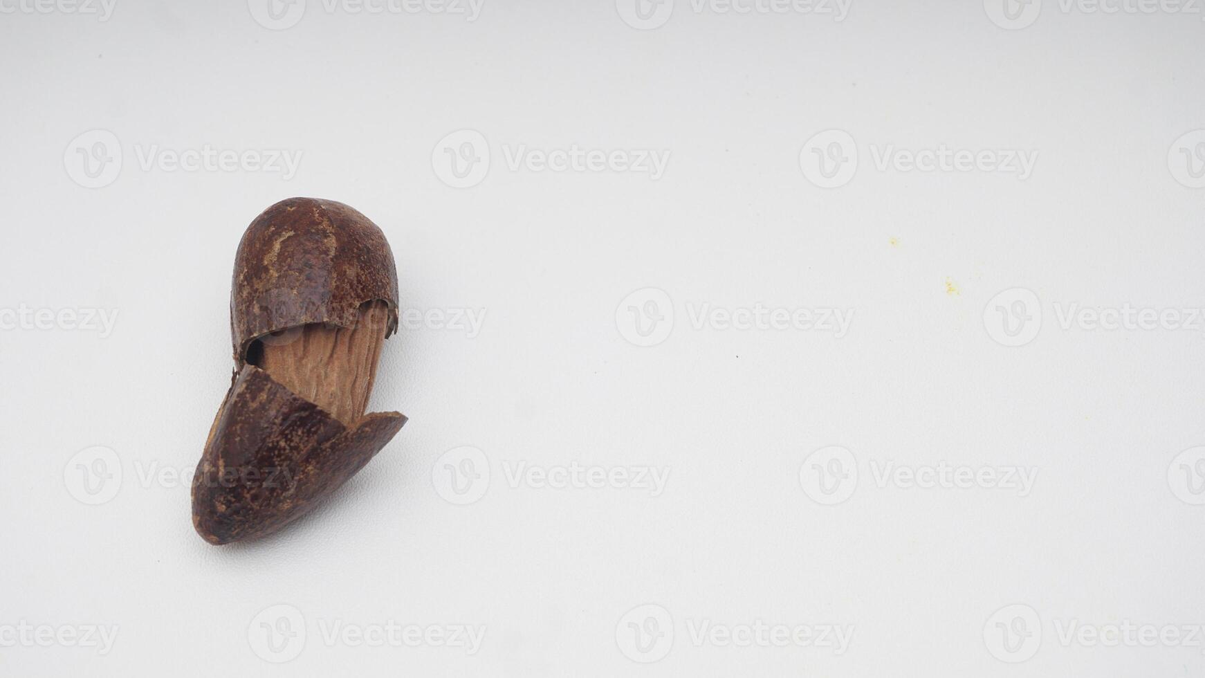 Opened Nutmeg Spice with Broken Skin on White Background photo