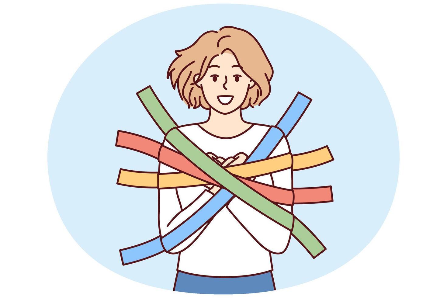Positive girl smiles happily glued to wall with multi-colored adhesive tapes and is hostage vector