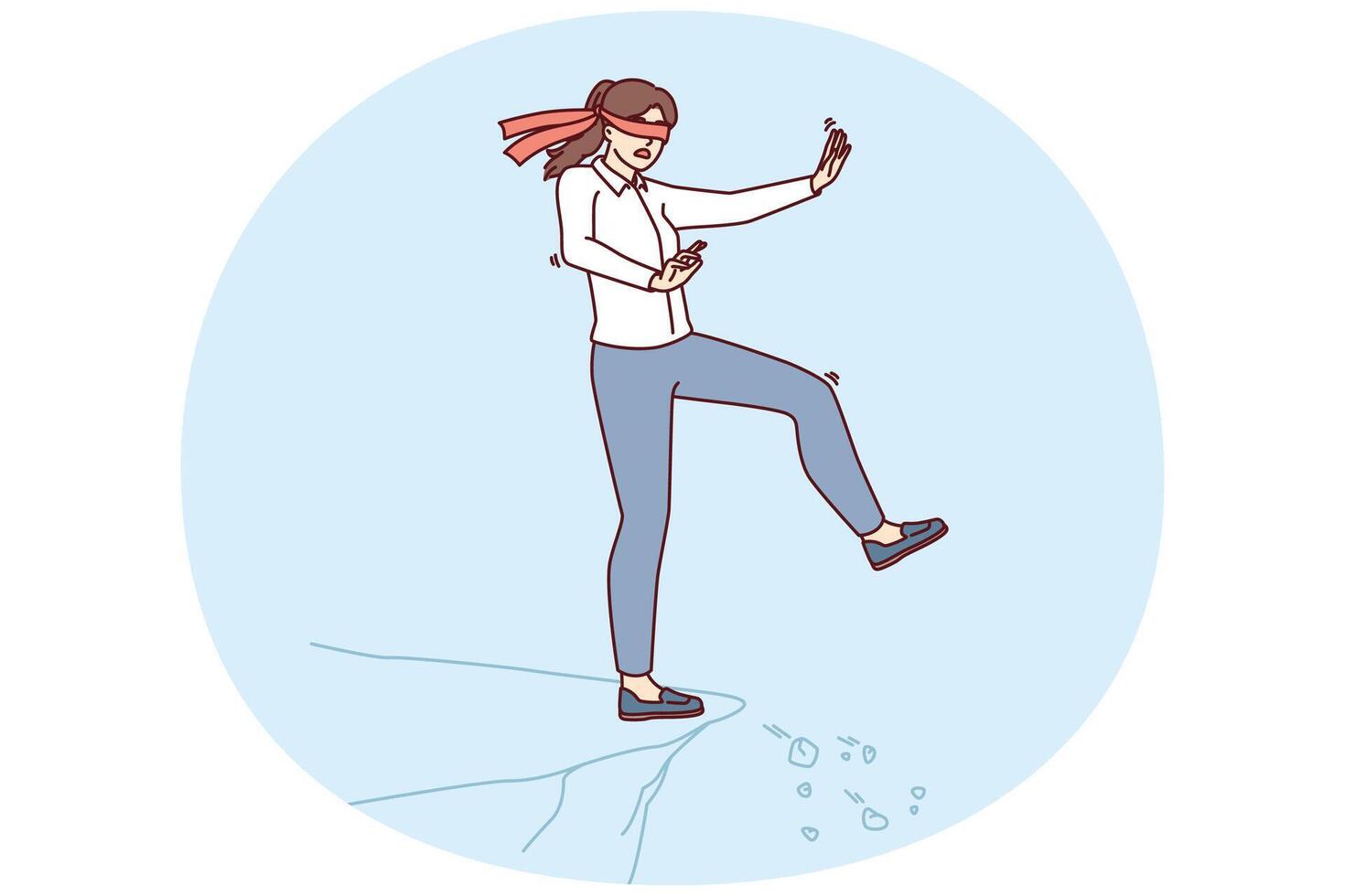 Blindfolded girl steps forward dont know about cliff and danger to fall for risk business concept vector