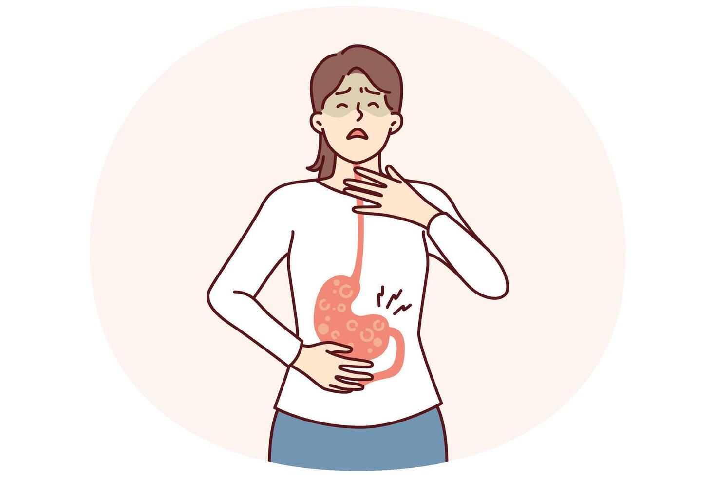 Sick woman with symptoms of gastroesophageal reflux or gastritis disease resulting from junk food vector