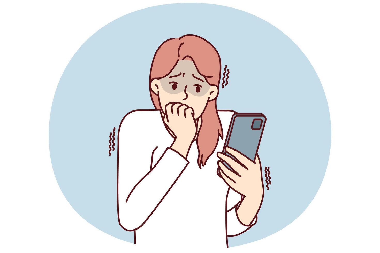 Frightened woman with phone biting nails in fear after reading bad news about approaching crisis vector
