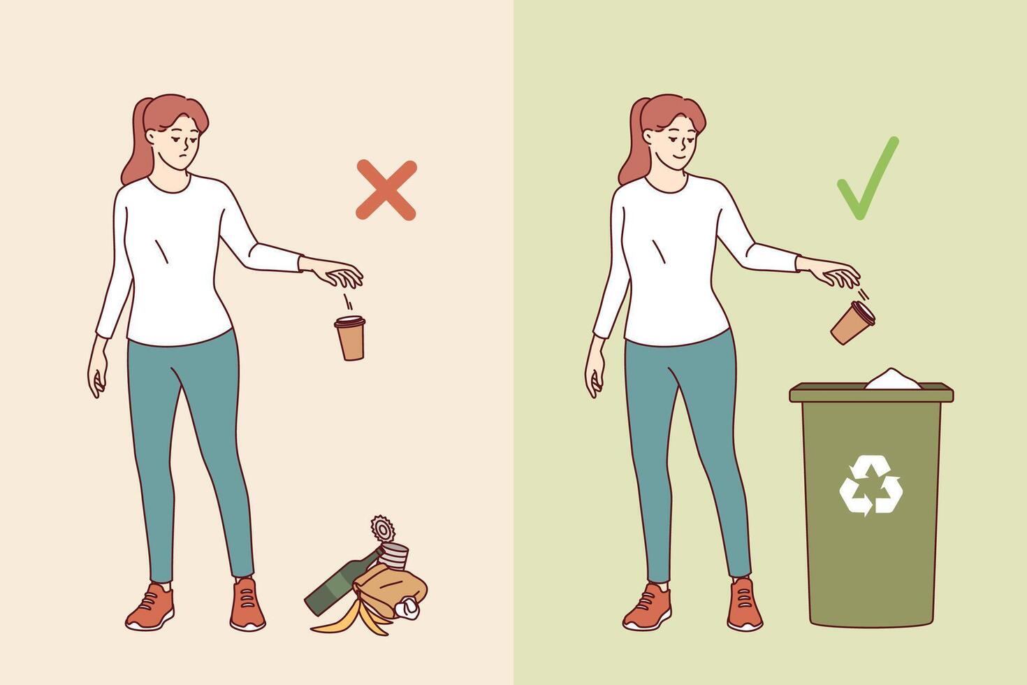 Woman throwing garbage on ground or in trash can demonstrates right and wrong behavior vector