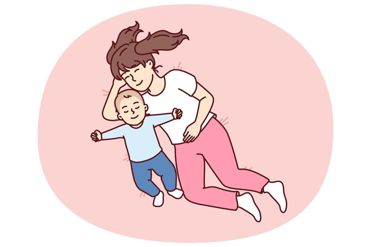 Little girl hugging newborn brother lying in bed and sleep together for happy childhood concept vector
