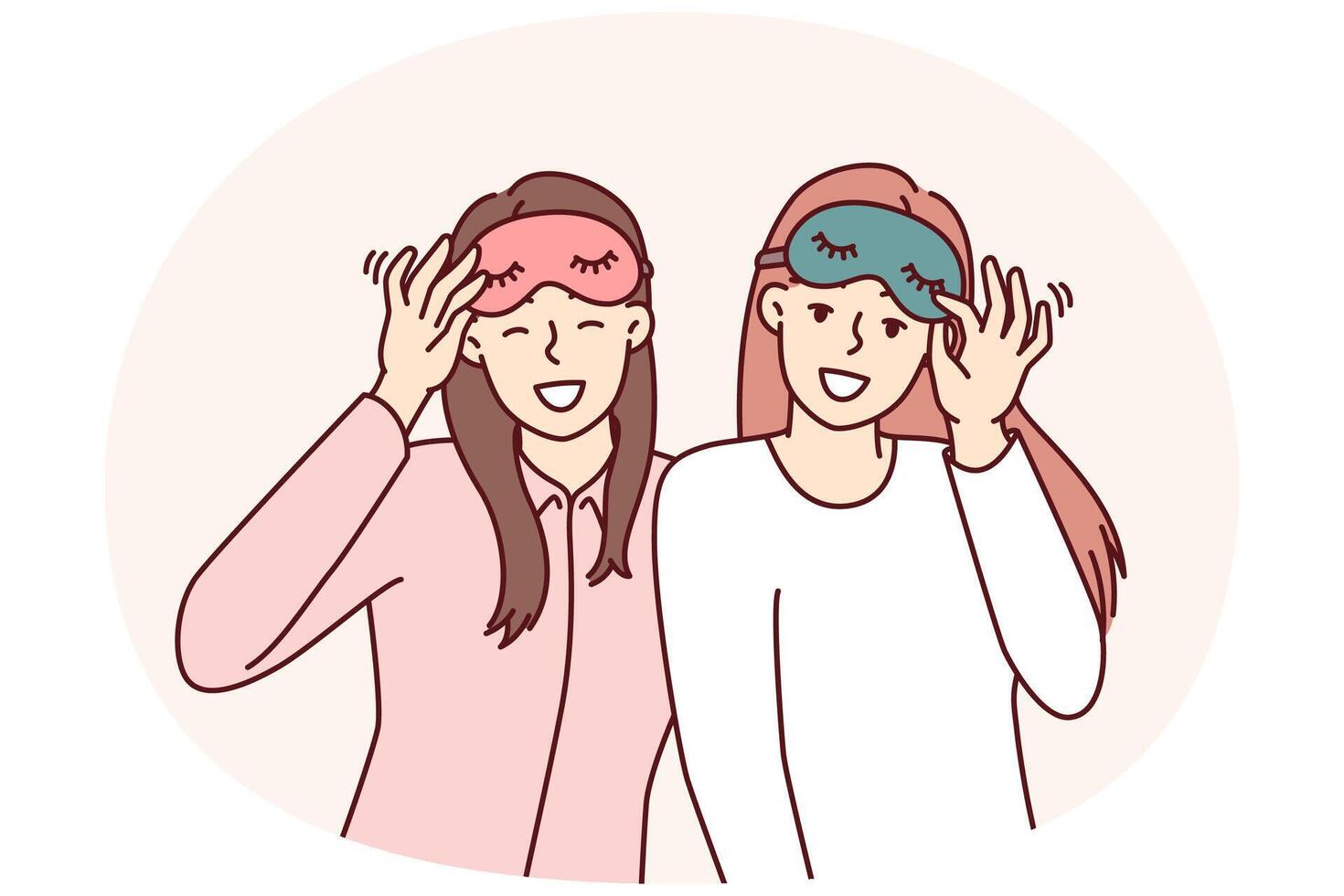 Two friendly girls in pajamas with sleep masks are preparing to relax in comfortable bedroom vector