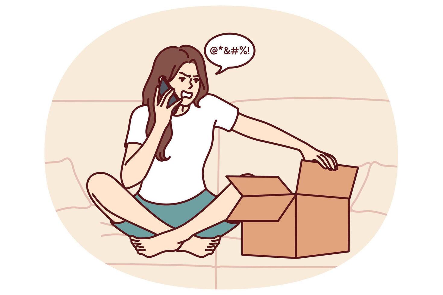 Woman with box and phone makes call to store support team complaining about damaged product vector