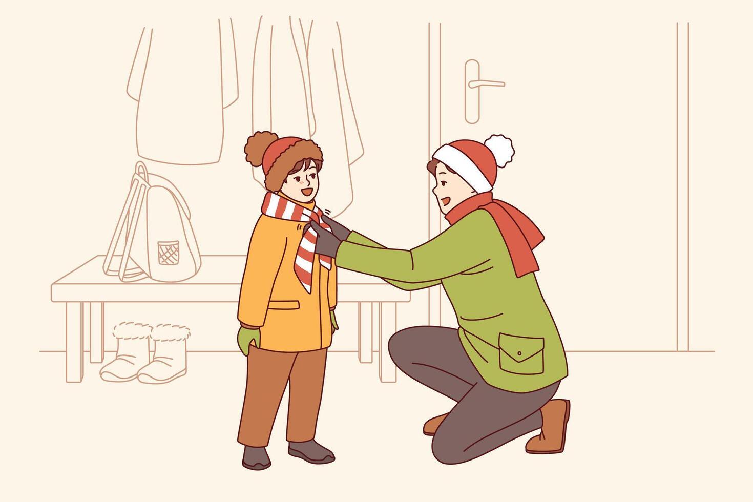 Caring father helps kid put on winter clothes so as not to freeze while walking along cold street vector