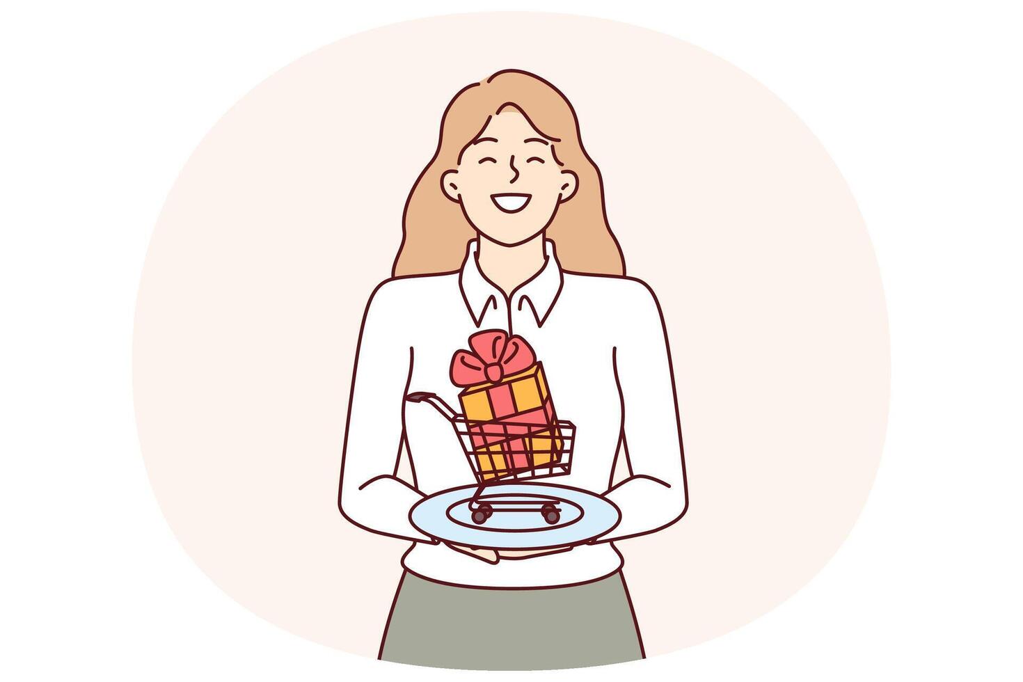 Woman with giftbox in miniature shopping cart symbolizing gift for visiting store or cashback vector