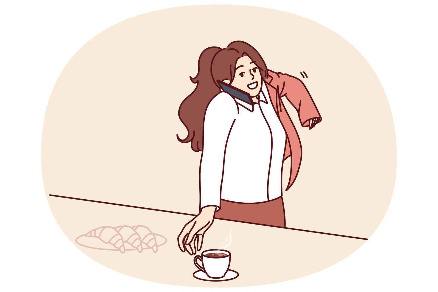 Busy woman makes business phone call having breakfast and puts on jacket hurrying to work. vector