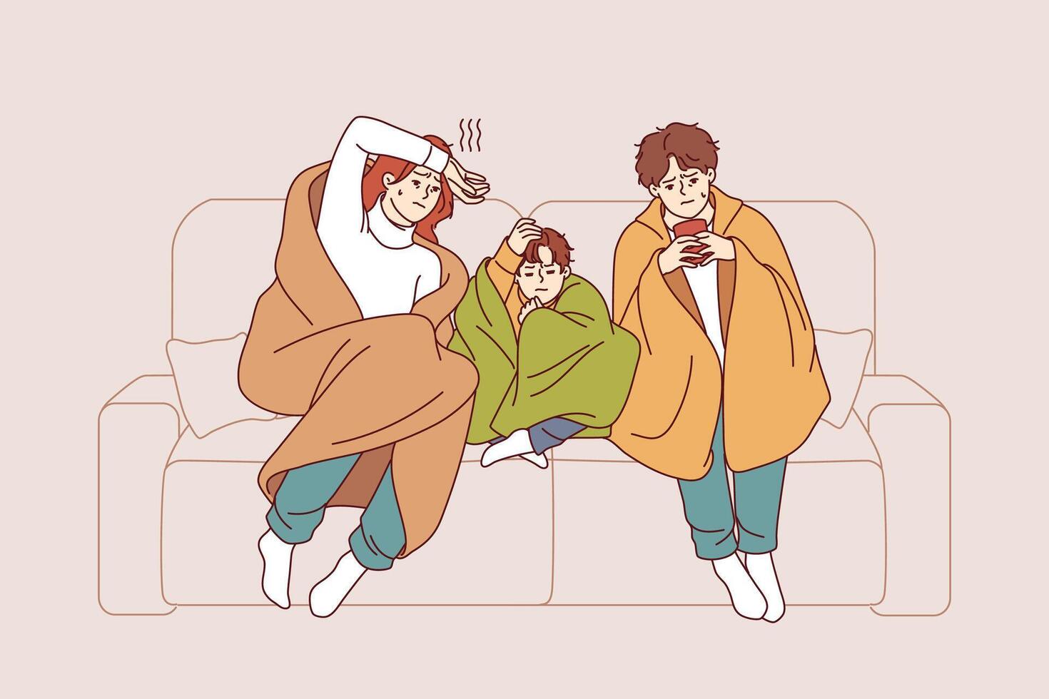 Caught cold family sits on sofa wrapped in blanket and drinks hot tea trying to get rid of virus vector