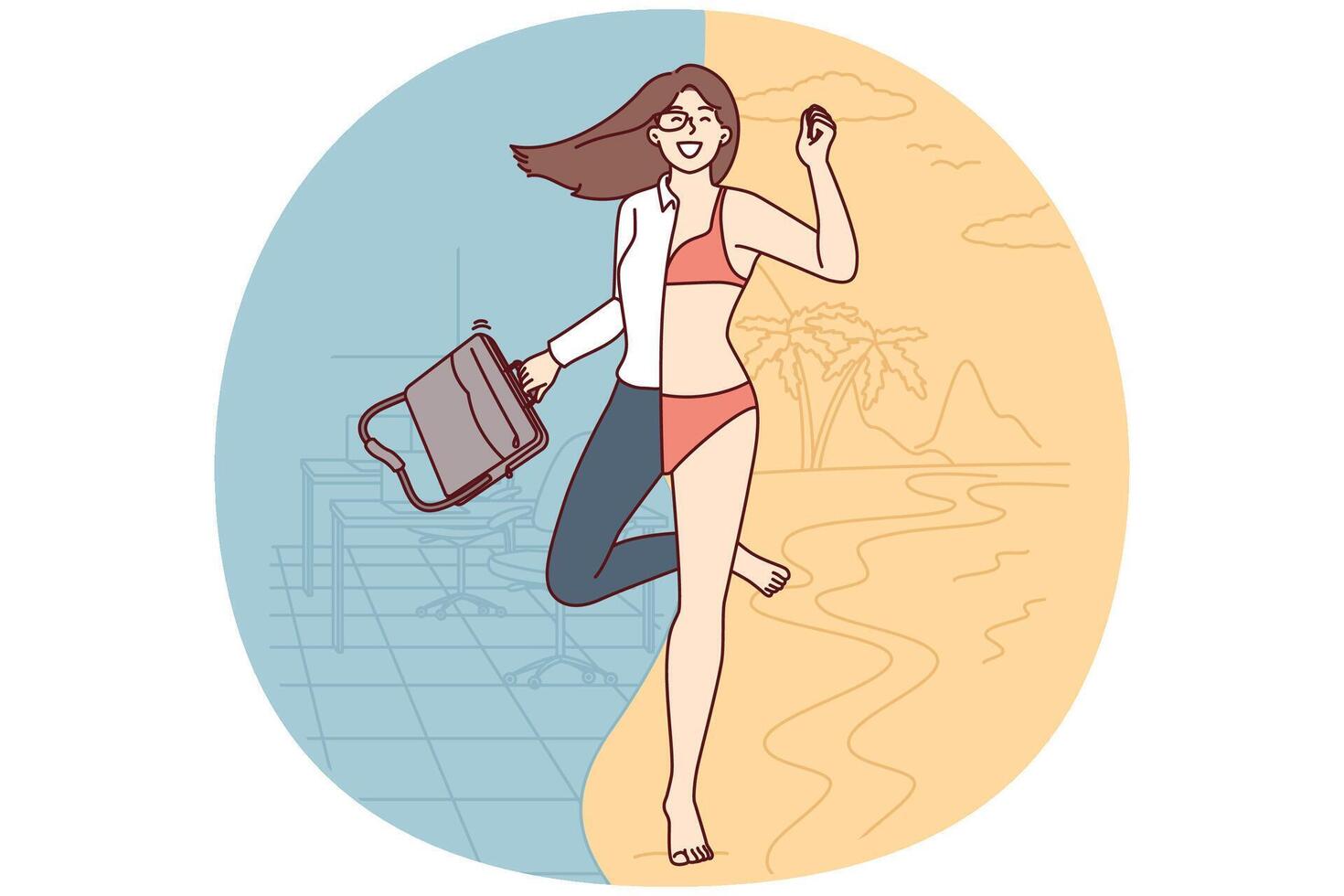 Girl dressed in bikini and office clothes at same time for concept leaving for long-awaited vacation vector