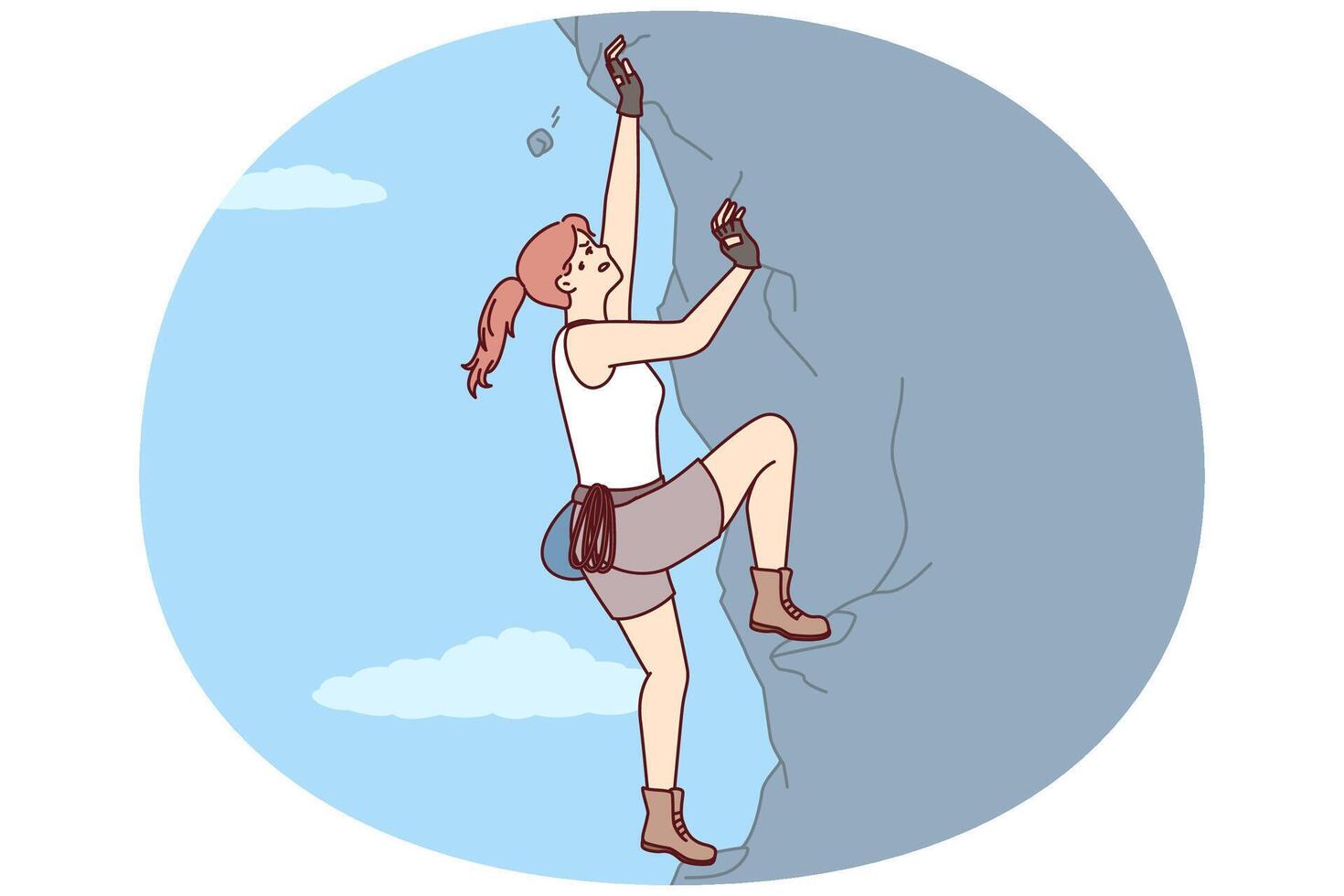 Woman climbs steep cliff to conquer difficult peak without insurance and set new record vector