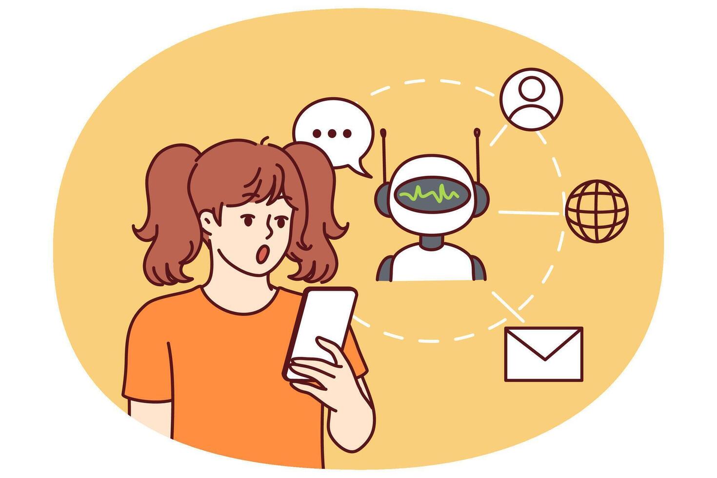 Teen girl with phone uses chatbot or robotic application with AI and surprised opens mouth vector