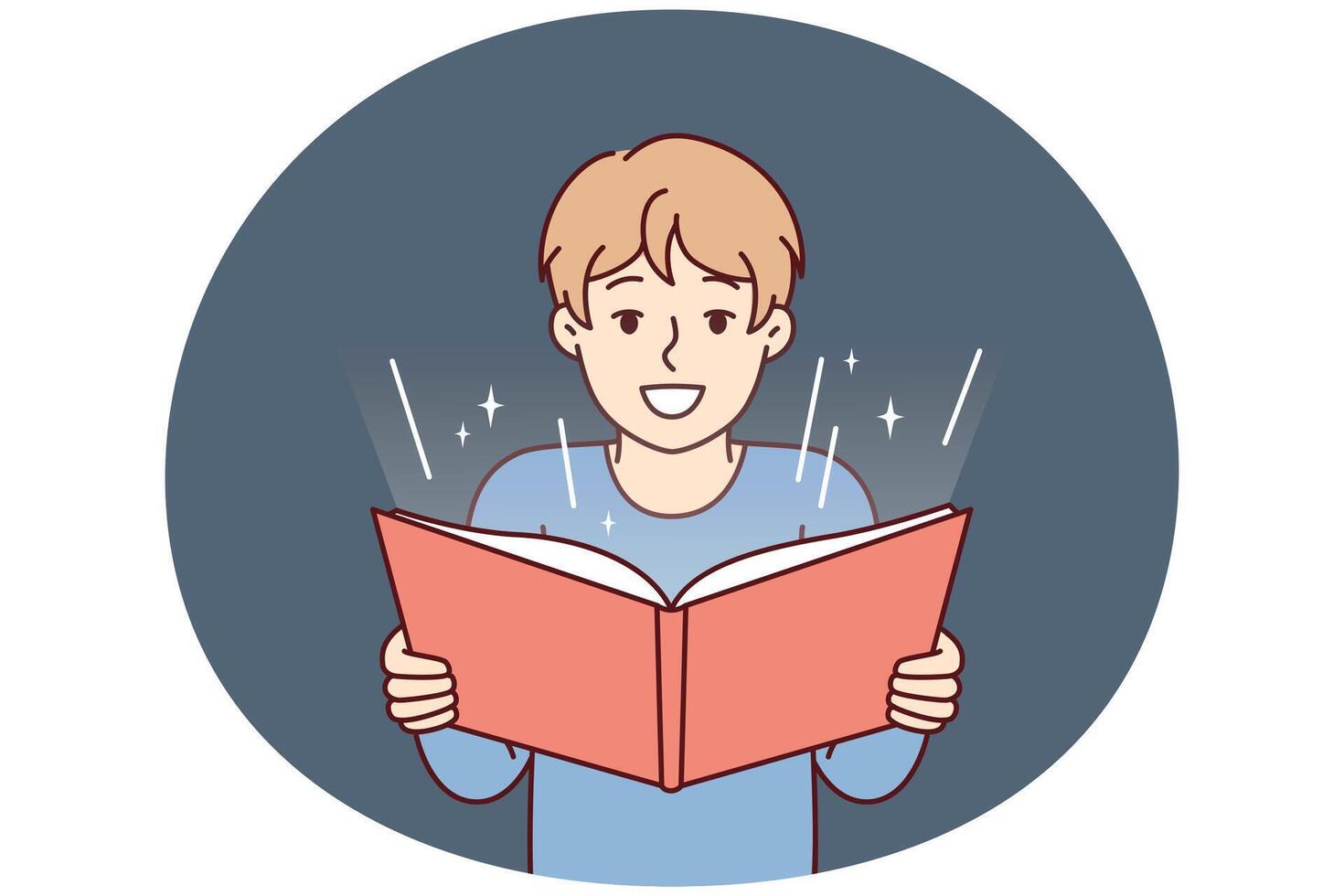 Boy before adolescence with open book in hands reads fairy tale or comics with interest vector