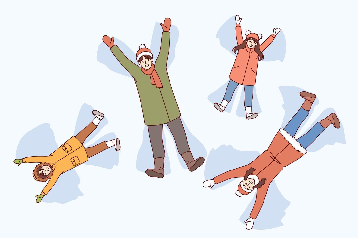 Family makes snow angels by lying on winter soil and moving arms and legs to sides. vector