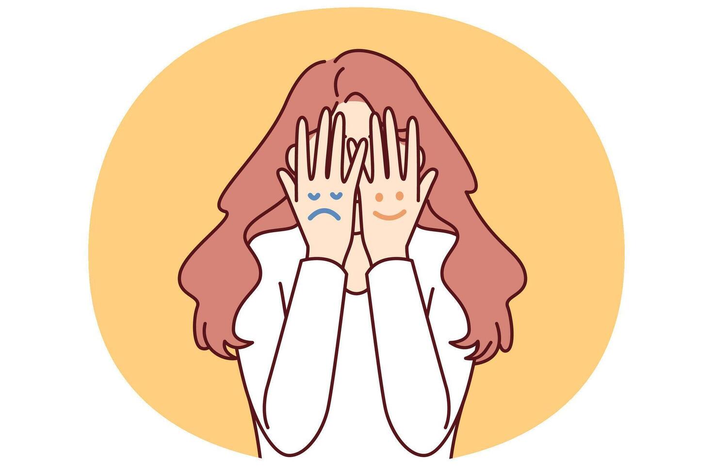 Faces with different moods are depicted on hands of woman hiding face for concept bipolar disorder vector