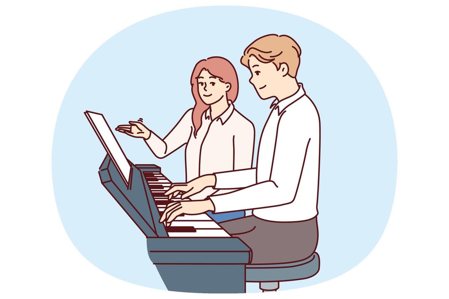 Man learns to play piano with woman teacher who tutors and gives private lessons vector