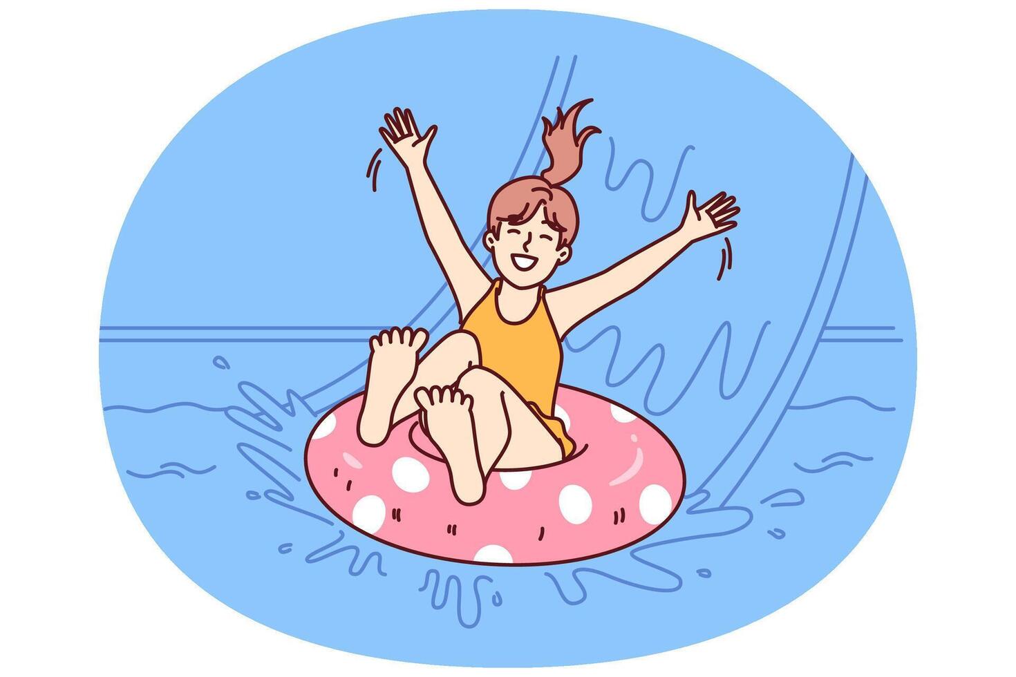 Little girl in pool floats on inflatable ring and enjoys visiting aqua park in sunny summer weather vector