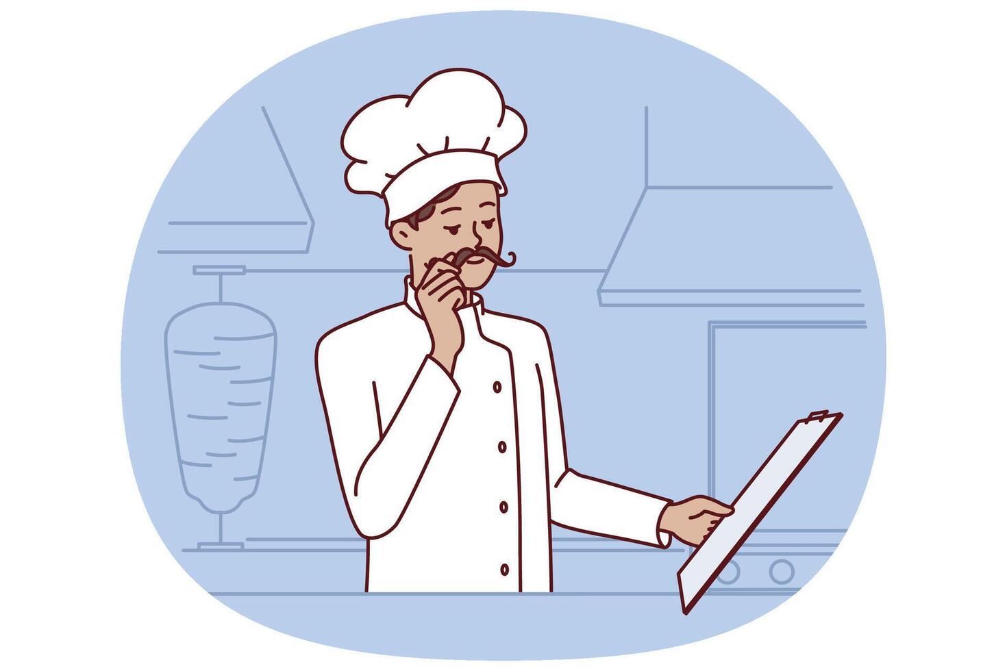 Chef cook man stands in kitchen street food restaurant and holds clipboard with menu vector