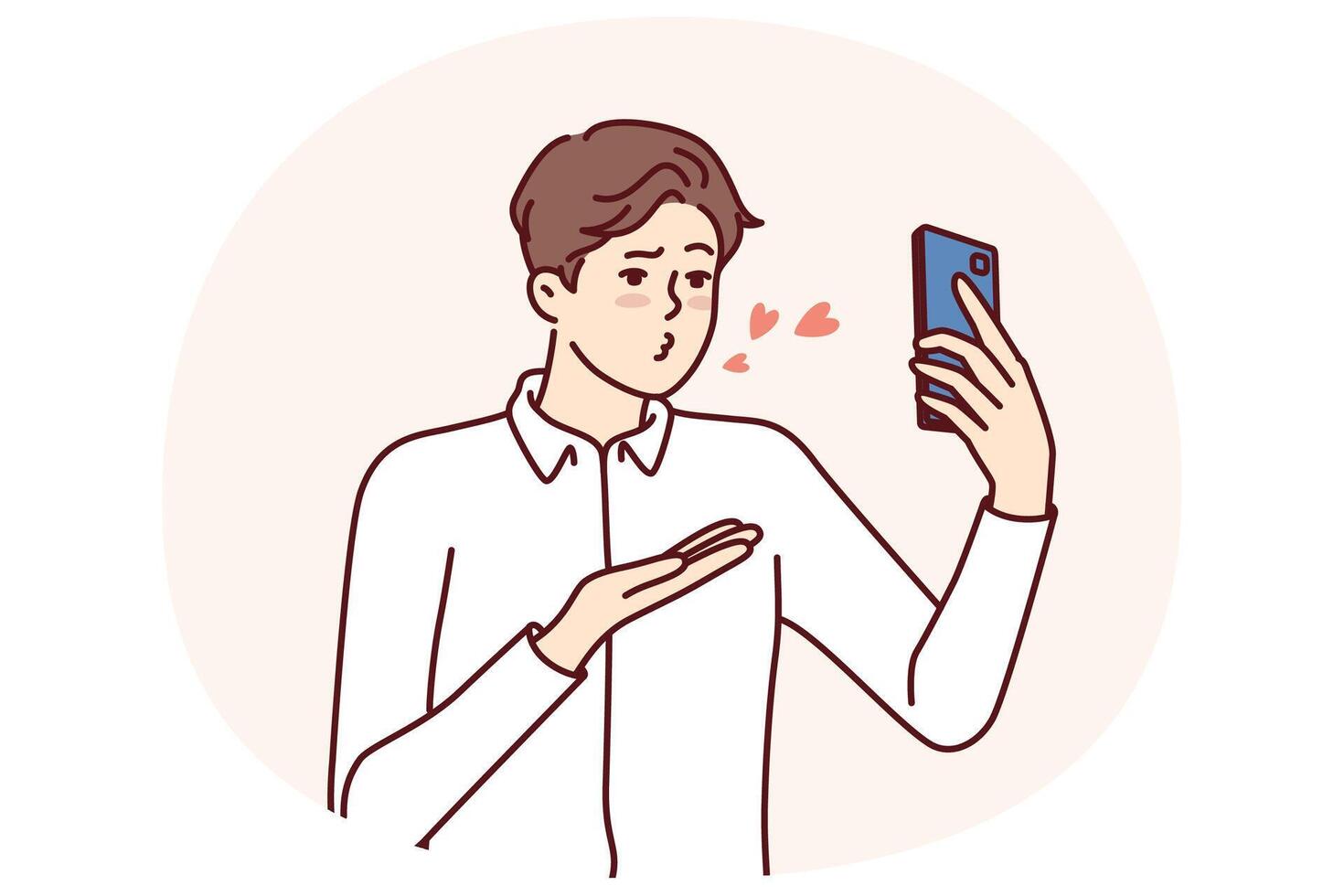 Man with mobile phone sends air kiss to interlocutor during call to girlfriend vector
