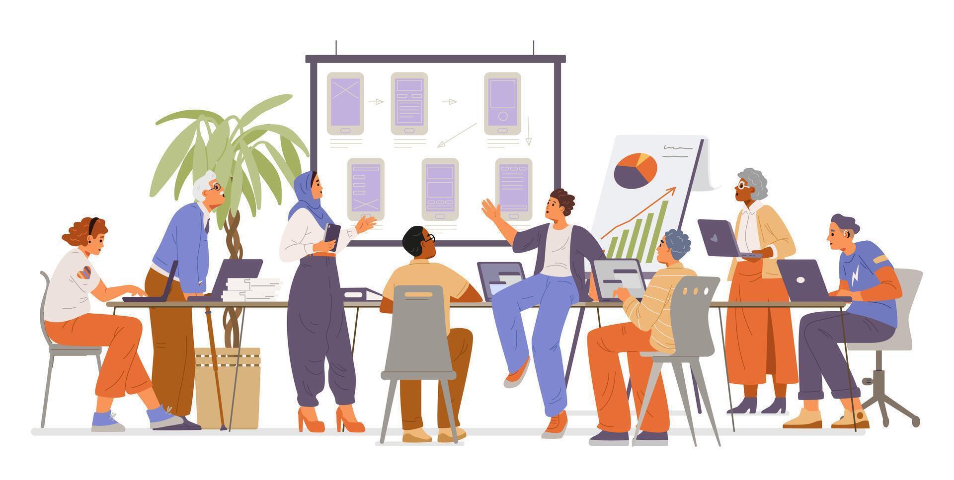 Diverse colleagues of different age, gender and ethnicity on a meeting in the office flat illustration isolated on white. Inclusive workplace concept. vector