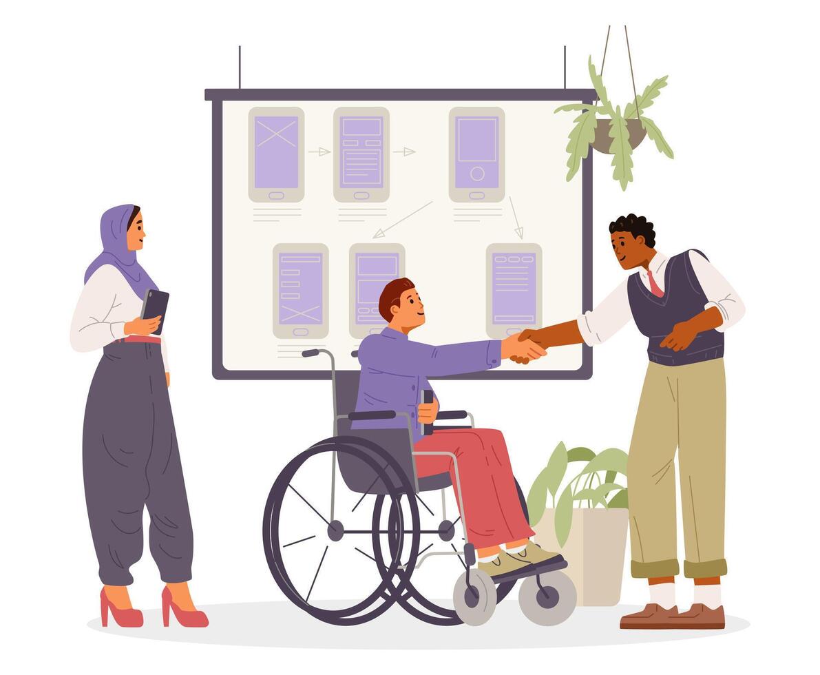 Diverse business team on a meeting. Disabled man in wheelchair shaking hands with African American colleague flat illustration isolated on white. Inclusive workplace concept. vector