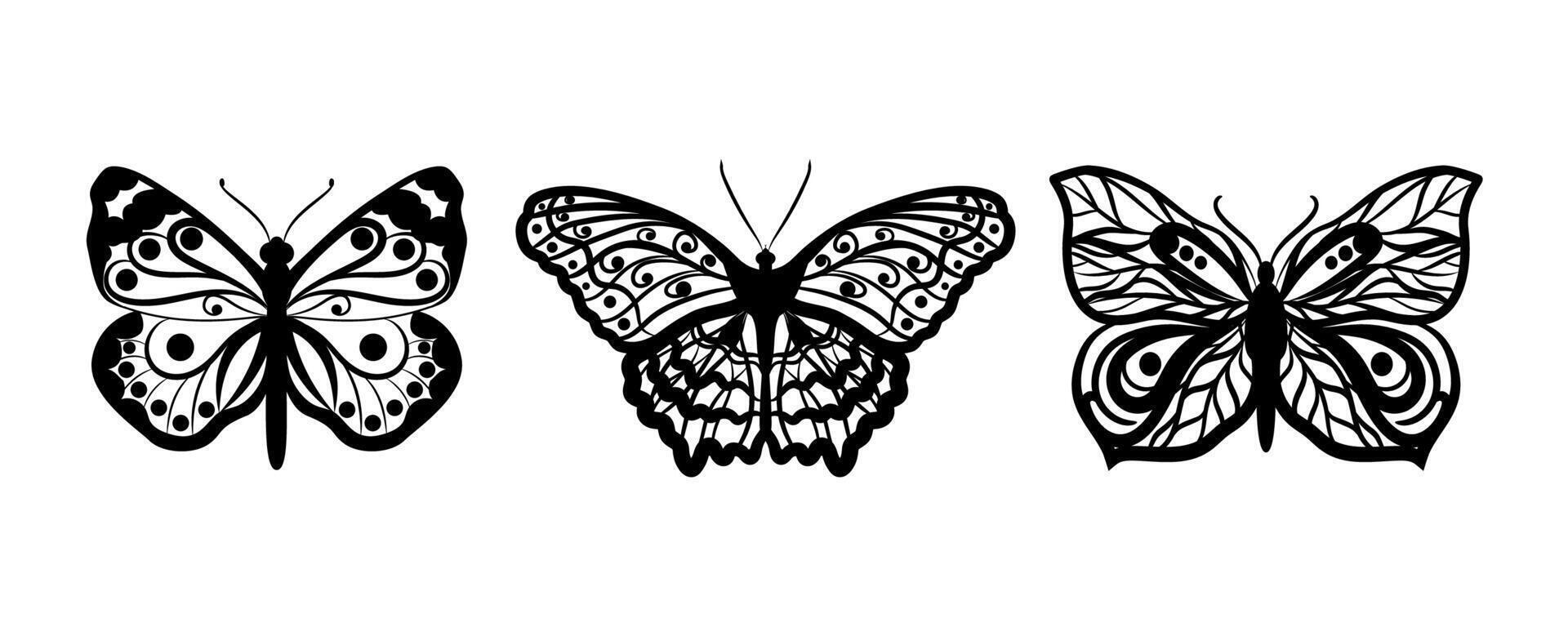 Ornamental Black and White Butterfly Set. Intricate Hand-Drawn Butterfly Silhouettes for Tattoos, Stickers, Logos, Wall Art, Laser Cutting, and Decorative Design Elements vector