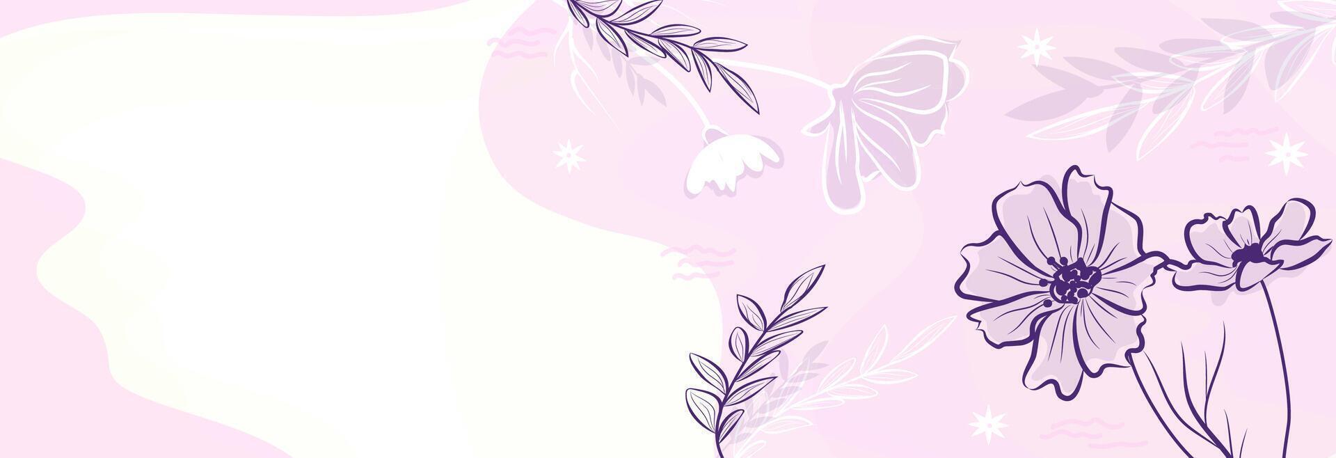 Elegant floral banner with pink flowers. Hand drawn botanical contour background for invitations, social media and web design. Pastel aesthetic with abstract organic shapes and gentle lines. vector