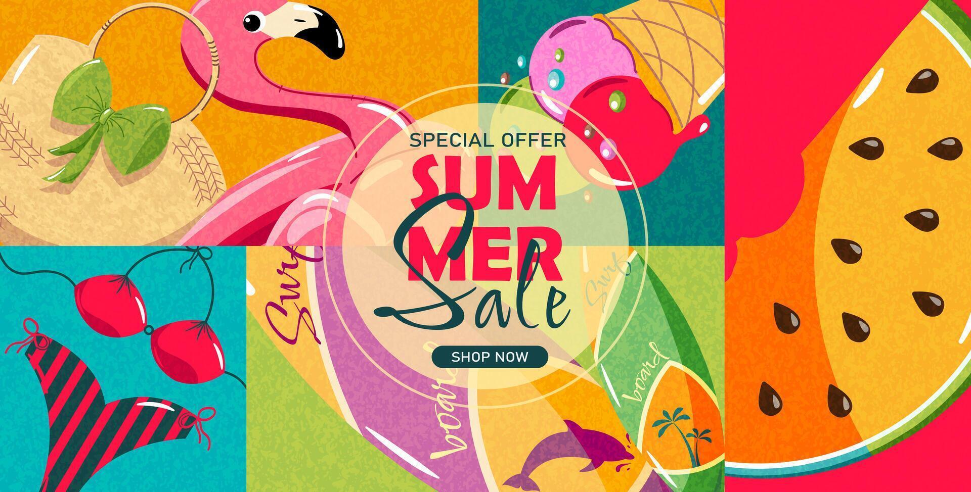 Summer poster for discounts and sales. Horizontal, geometric background with summer elements. Watermelon, swimsuit, ice cream, surfboards, flamingos vector