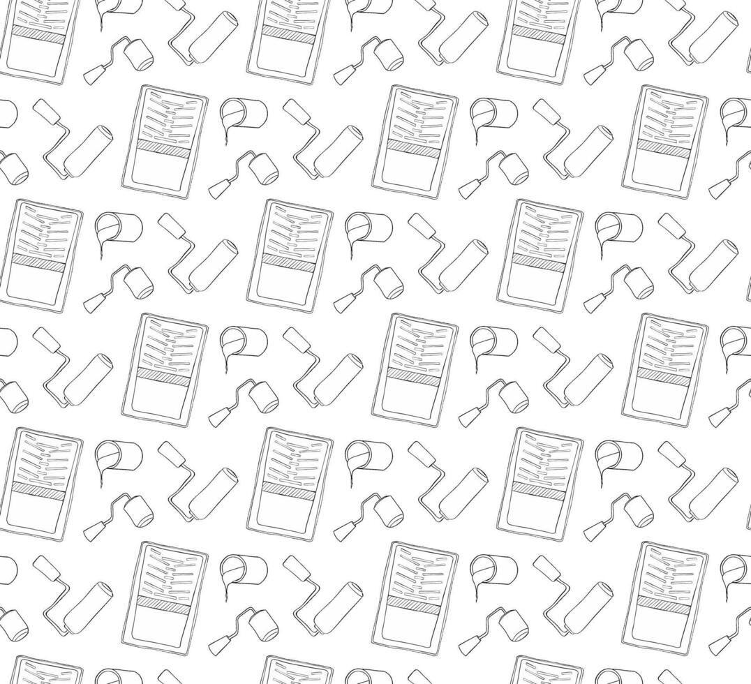 Paint tray and paint roller and color can seamless pattern. graphic line illustration. vector