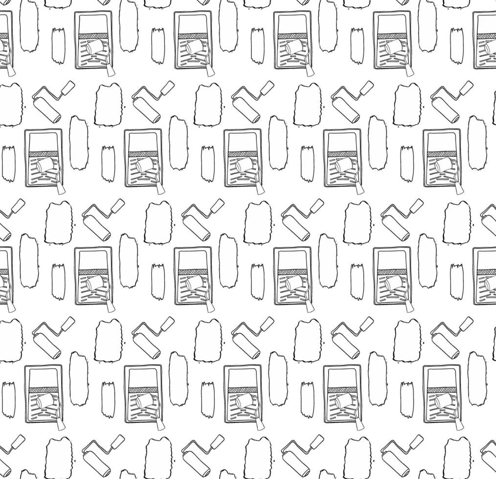 Seamless pattern paint roller, stroke, tray. graphic line instruments hand drawn doodle set, illustration, elements, stickers, icons. Isolated on white transparent background. vector