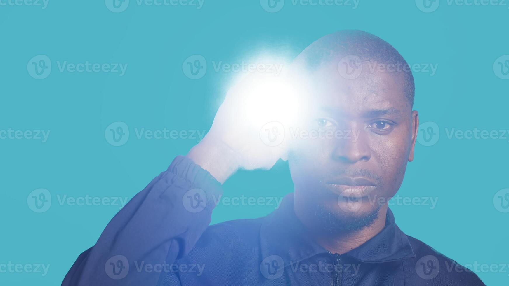 Headshot portrait of security agent drinking coffee to stop yawning while securing assigned post, studio background. Close up shot of guardian consuming caffeinated beverage, camera A photo