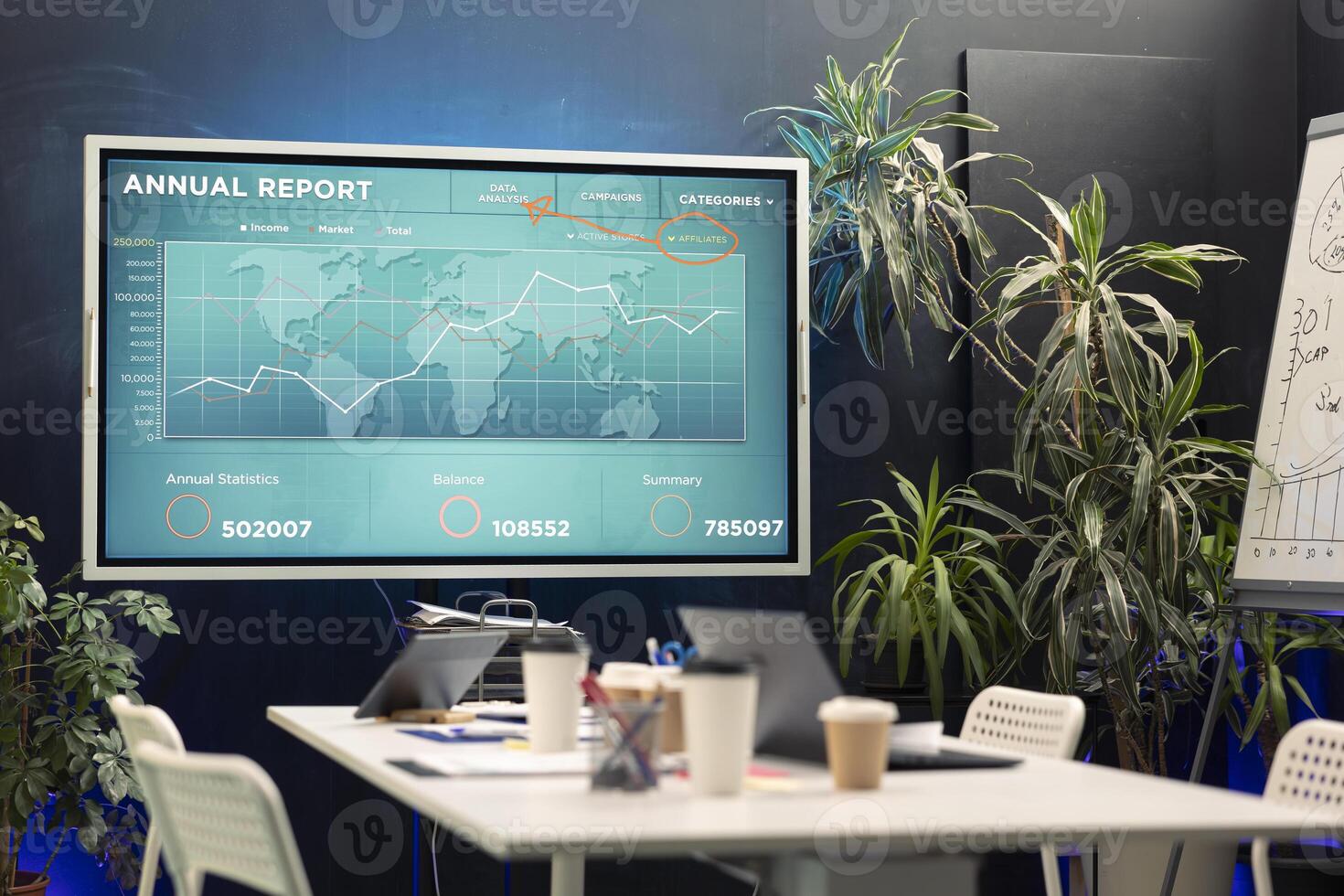 Professional interactive board in an empty conference room used for meetings and debates, space employed in corporations or global enterprises. Modern office with supplies and tools. photo