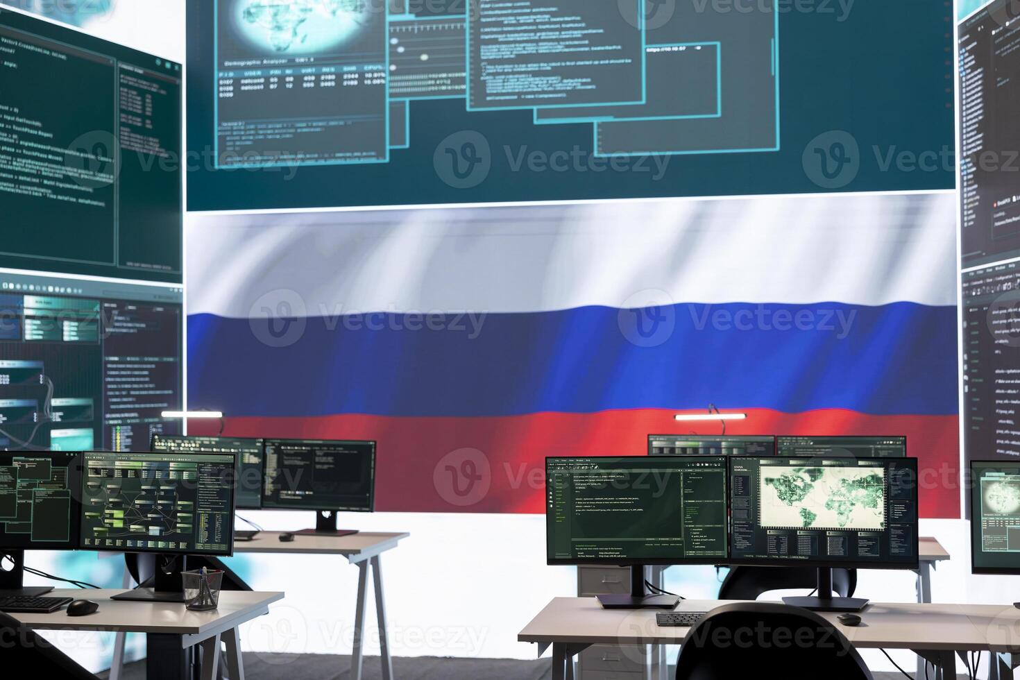 Governmental cyber operations room with Russian flag on big screen, focusing on information war and trolling. Highlighting the role of hackers in spreading disinformation and crowd control. photo