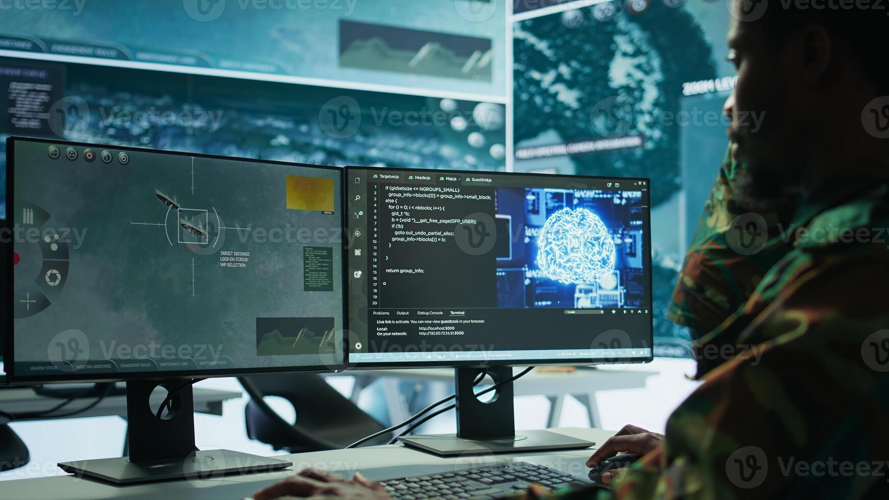 Cybersecurity expert oversees intelligence gathering through AI brain visualization and neural network, algorithms to collect real time data from surveillance systems. Digital science. Camera B. photo