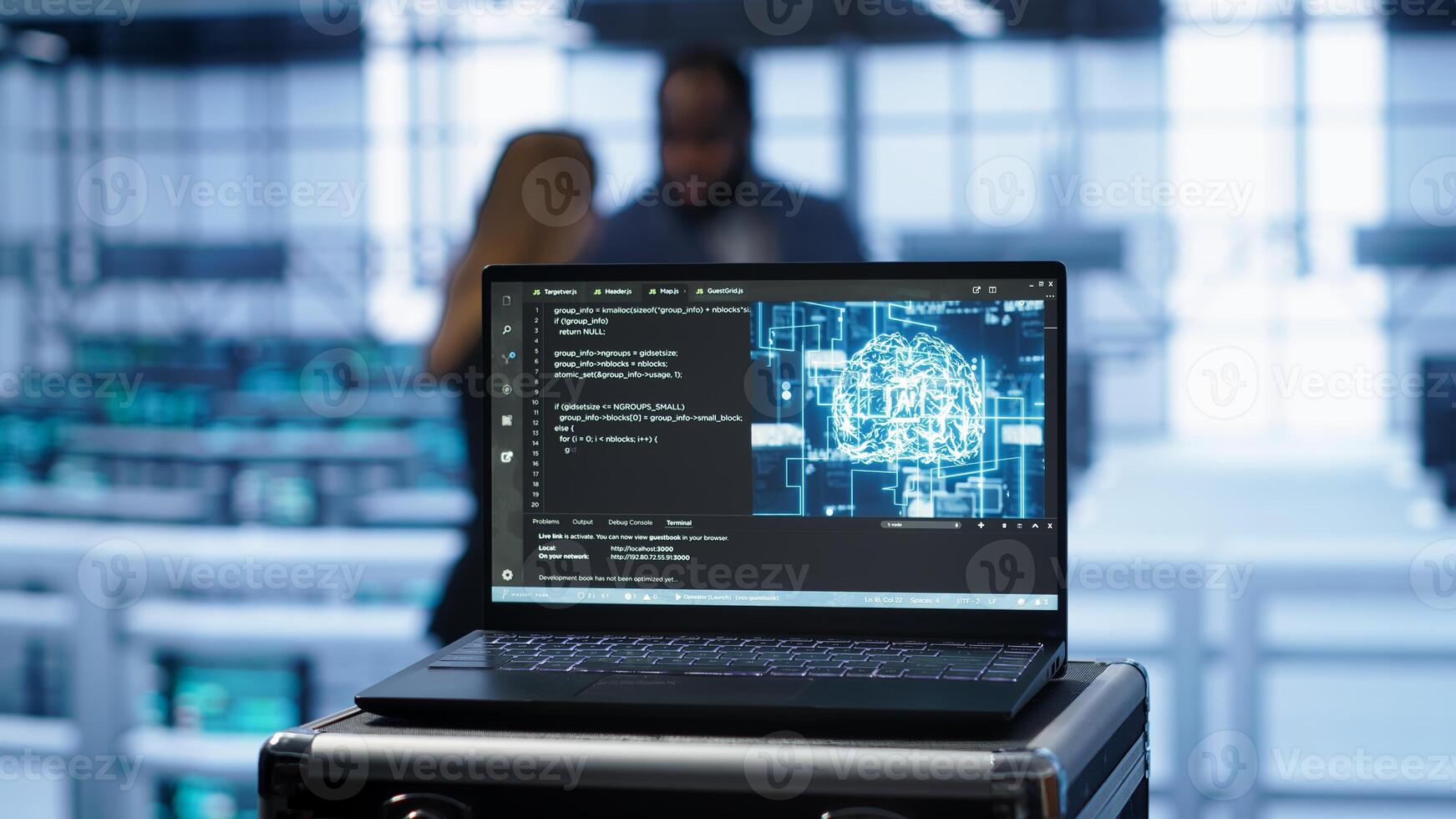 Focus on notebook used by engineers in server hub in blurry background using artificial intelligence computerized model. Close up of laptop with AI deep learning using pattern recognition, camera A photo