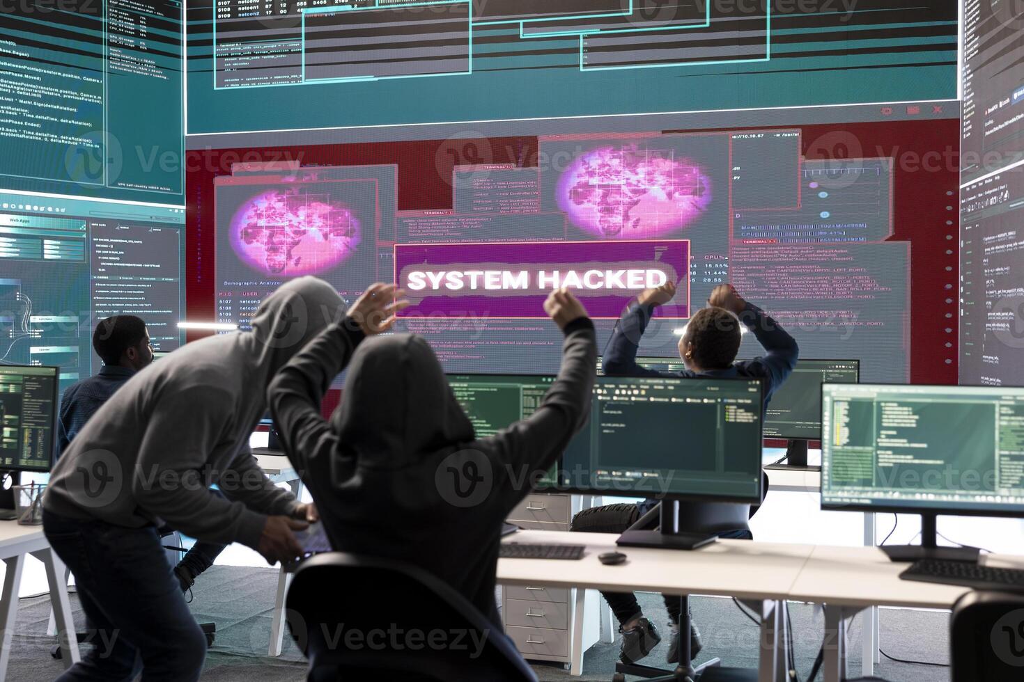 Group of governmental hackers successfully breaking into servers to steal important data, experts feeling happy and proud of their criminal achievement. Espionage system in high tech agency. photo